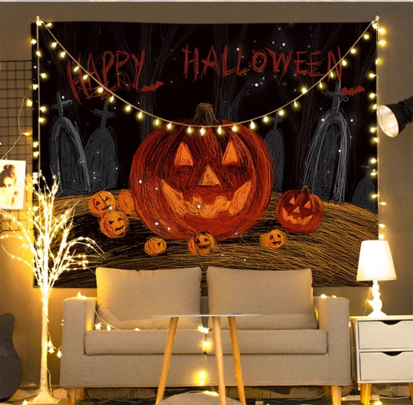 Halloween Fabric Background Hand Drawn Style (with string lights)