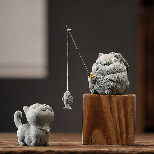 Qingsha Stone Cat Sculpture