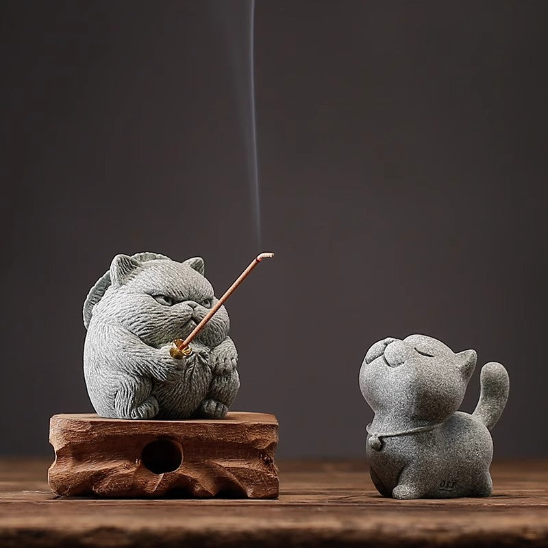 Qingsha Stone Cat Sculpture
