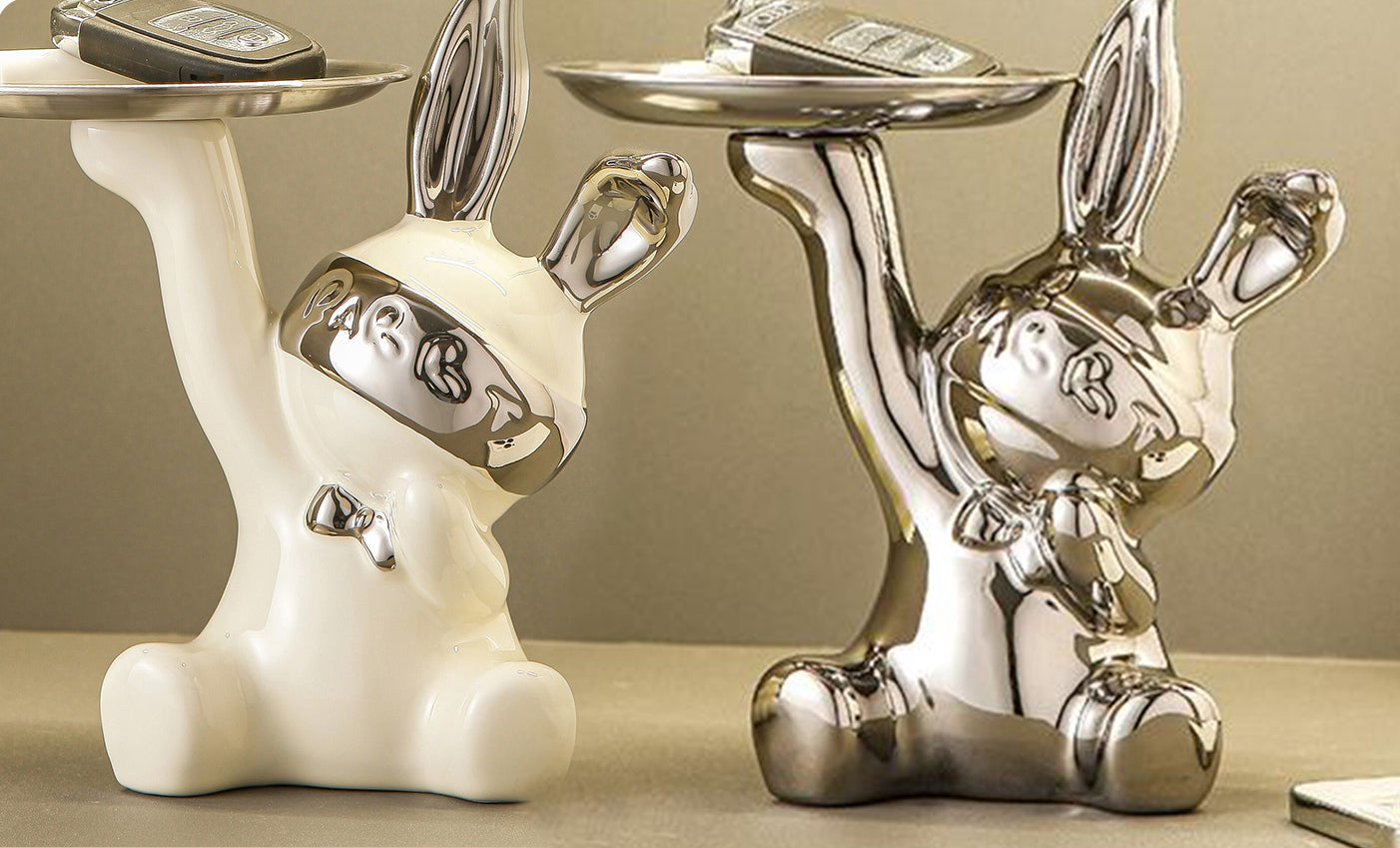Ceramics Bunny Tray Luxury Home Decor White and Silver