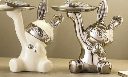 Ceramics Bunny Tray Luxury Home Decor White and Silver