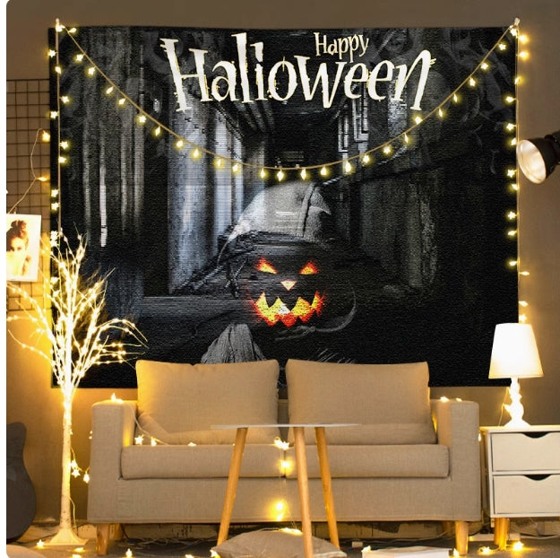 Halloween Fabric Background Hand Drawn Style (with string lights)