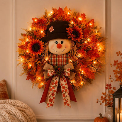 🔥🍁 Fall Favorite – Lighted Scarecrow Front Door Wreath