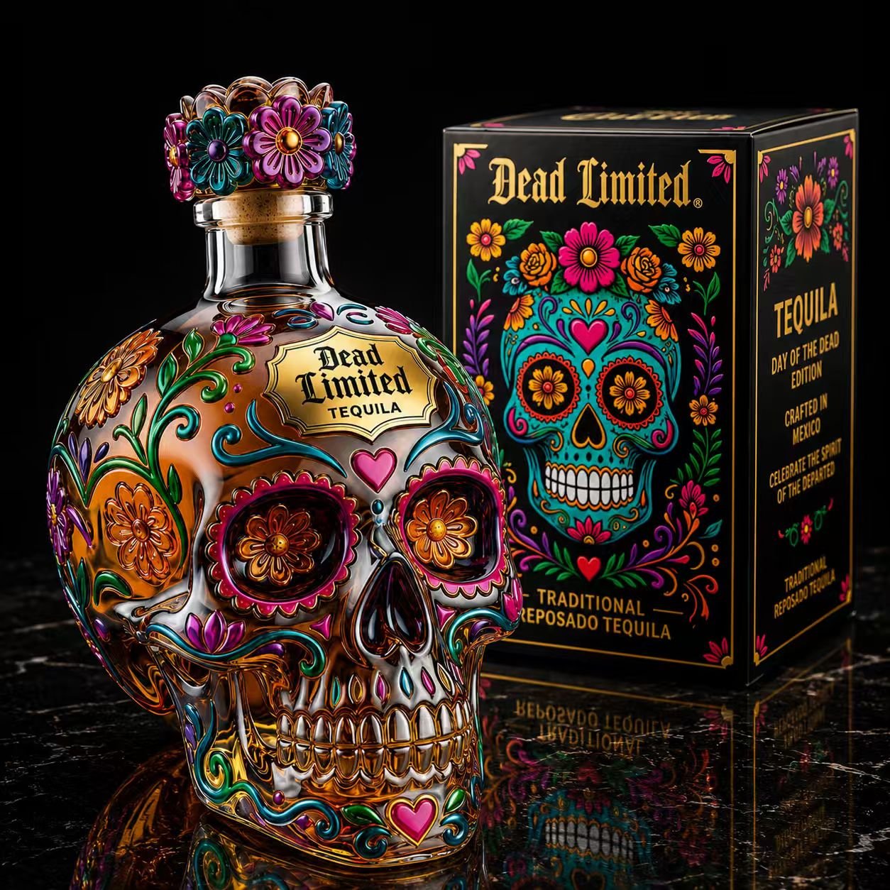 🔥🍷Limited Edition Floral Sugar Skull Bottle – Day of Dead Collector’s Gift Box🎁
