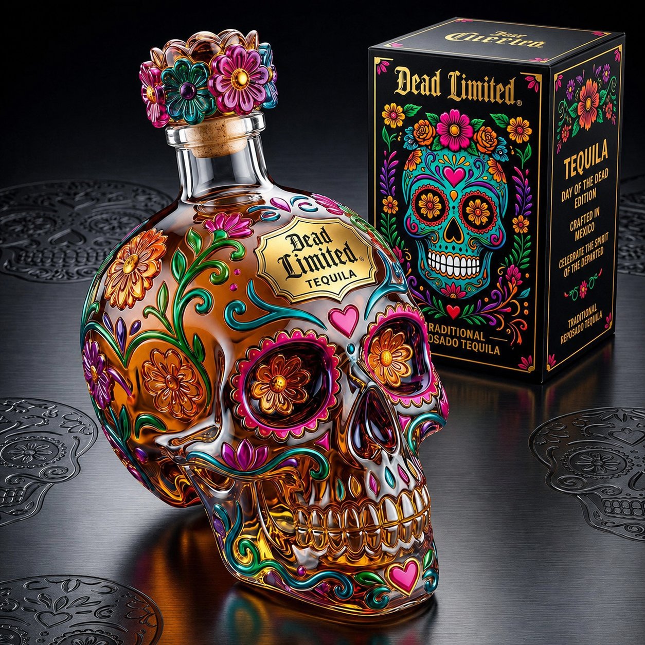 🔥🍷Limited Edition Floral Sugar Skull Bottle – Day of Dead Collector’s Gift Box🎁